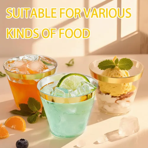 Miniatura 9 de Ciaell 200 vasos de plástico dorados – Vasos de plástico transparente desechables resistentes de 9 onzas con borde dorado para vino, cóctel, fiesta