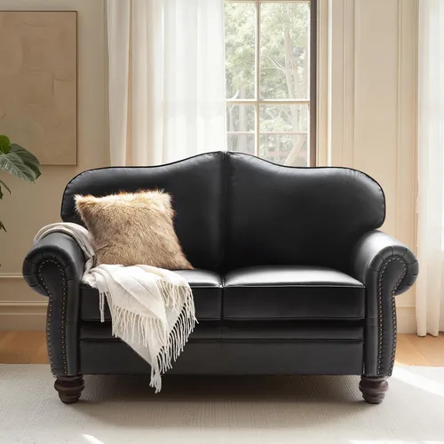Miniatura 8 de El apoyo que necesitas 152 cm de ancho Sofá Chesterfield de cuero genuino, sofá con brazos enrollados, reborde con clavos para muebles de sala