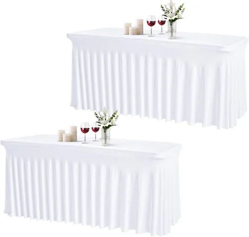 Miniatura 18 de JCJ Faldón de mesa para mesas rectangulares, manteles negros ajustados de spandex para mesas de 4 pies, faldones de mesa elásticos con volantes