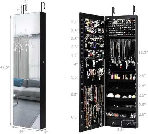 Miniatura 7 de Giantex Armario de joyería para puerta de pared con espejo de longitud completa, 2 LED con cerradura grande organizador de joyas con espejo ancho