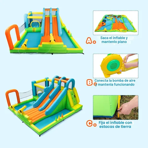 Miniatura 4 de JOYLDIAS Tobogán acuático inflable, casa de rebote gigante de parque acuático con 2 toboganes largos, piscina de chapoteo, trampoline, pared