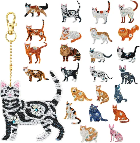 Henoyso 24 Piezas Llaveros de Pintura de Diamante, Llaveros de Arte de Diamantes para Bricolaje, Kit de Taladro de Doble Cara 5D, Juego de Adornos