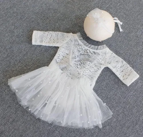 Miniatura 5 de Traje de fotografía para bebé, traje de encaje para recién nacido, sesión de fotos, diadema de flores, disfraz de princesa Blanco B
