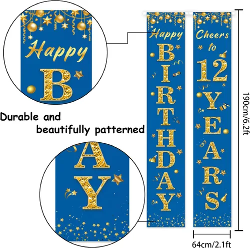 Miniatura 2 de Cartel de feliz cumpleaños número 12 para porche, decoración azul – Decoración temática de fiesta de bienvenida a los 12 años para niños y niñas