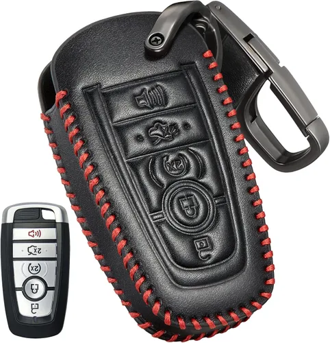 Miniatura 9 de Slohif Funda de cuero para llavero Ford para Edge Escape Expedition Explorer Fusion Mustang Ranger F-150 F-250 5 botones, funda de cuero+anillo en D