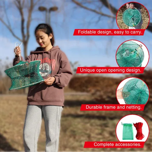 Miniatura 4 de BasicGear Trampa de resorte para cangrejo, 2 piezas, trampa de cebo para langosta, cangrejos de cangrejo, camarones, trampas de pesca plegables