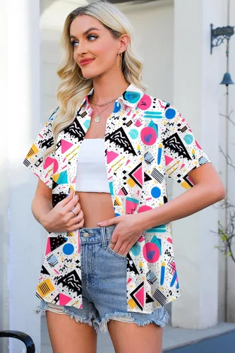 Miniatura 4 de Trajes de los años 80 para mujer, camisa de neón de los años 80 y 90, camisa retro para fiesta temática de discoteca, camisa hawaiana con botones