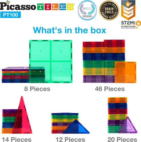 Miniatura 5 de PicassoTiles Magnet Tiles 42 piezas + 100 piezas de azulejos + 4 figuras de acción familiar, aprendizaje STEM de ingeniería magnética, bloques
