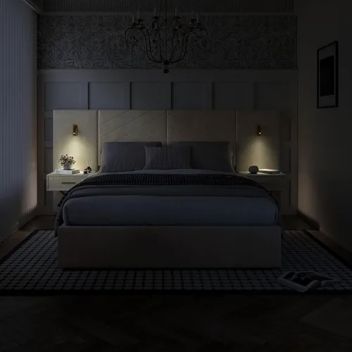 Miniatura 3 de DEINPPA Base de cama Queen de lujo con luces LED doradas integradas y mesitas de noche, cama de plataforma tamaño Queen con cabecera tapizada