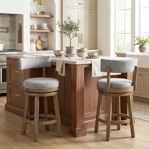 Miniatura 4 de COSTWAY Taburete de bar giratorio de 27 pulgadas, con respaldo acolchado y patas de madera de goma, silla de desayuno para isla de cocina