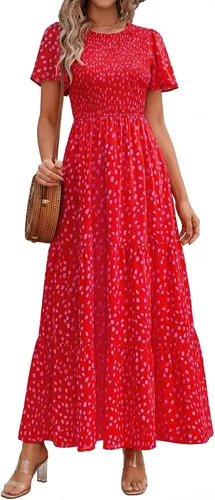 Miniatura 13 de PRETTYGARDEN - Vestido largo casual de verano para mujer, manga corta acampanada, bohemio, floral, cuello redondo, vestido blusón, escalonado