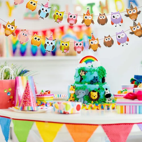 Miniatura 5 de 4 coloridas pancartas de cumpleaños con diseño de búho, decoraciones de fiesta temática para baby shower y fiestas de cumpleaños