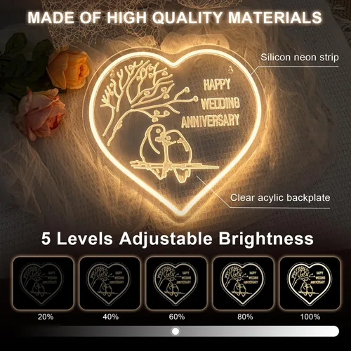 Miniatura 6 de Lucunstar Letrero LED de neón para boda, feliz aniversario, para decoración de pared, luz LED blanca cálida, letreros de amor, decoración de corazón
