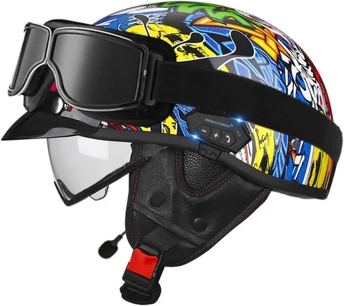 Miniatura 8 de Casco de cara abierta con Bluetooth para hombres y mujeres, casco retro de estilo alemán con diseño de calavera, visera con gafas, casco de media
