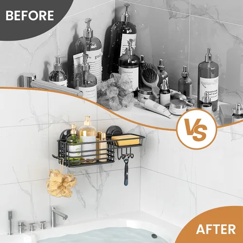Miniatura 5 de LEVERLOC Cesta de ducha con ventosa, cesta de ducha con ganchos y jabonera para baño, organizador de ducha para baño sin necesidad de taladrar