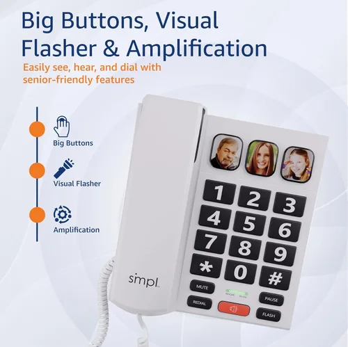 Miniatura 3 de SMPL Teléfono de botón grande para personas mayores, teléfono fijo con cable simple para ancianos, discapacitados, Alzheimer, demencia, problemas