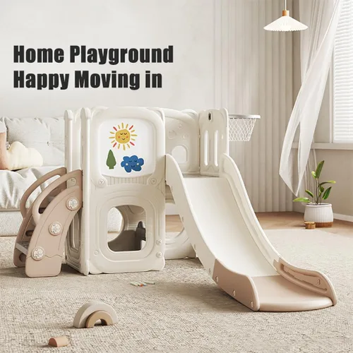 Miniatura 5 de Tobogán infantil para niños pequeños de 1 a 3 años, parque de juegos para interiores y exteriores, con escalador, aro de baloncesto, tabla