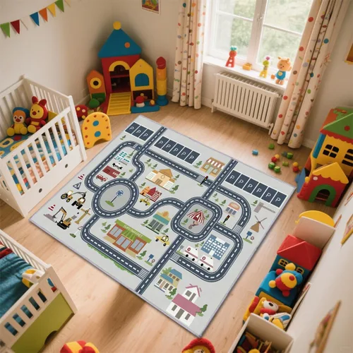 Miniatura 5 de Alfombra para niños de 5 x 7 pies, alfombras de automóvil para autos de juguete para niños, alfombras antideslizantes para niños, alfombras de área
