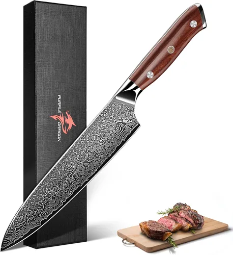 Miniatura 12 de Juego de 4 cuchillos de carne serrados de Purple Dragon de acero alemán de alto carbono con mango cuadrado de madera - Corte sin esfuerzo - Regalo