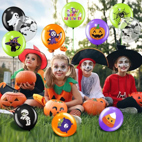 Miniatura 6 de Decoración de 50 globos de Halloween, adorables globos de látex de calabaza y araña espeluznante, fiesta de primer cumpleaños, suministros de ducha