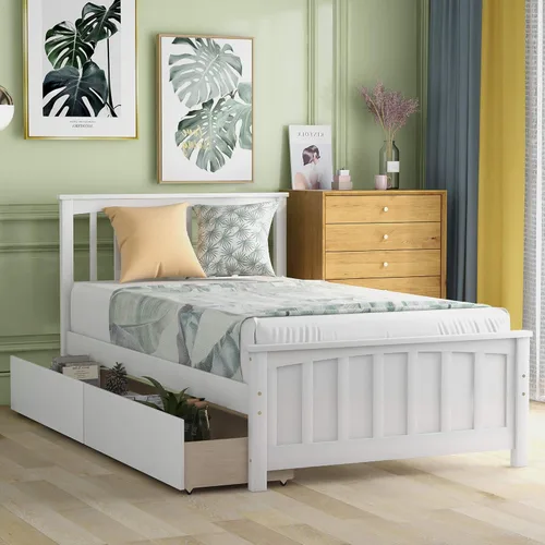 Miniatura 18 de Marco de cama moderno de madera maciza con cajones, plataforma de cama con soporte de listones de madera, no necesita somier, tamaño individual
