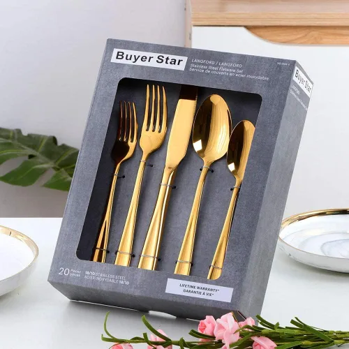 Miniatura 5 de YDware - Juego de cubiertos de acero inoxidable, 20 piezas, tenedores dorados, cucharas, cuchillos, servicio para 4, pulido de espejo y apto