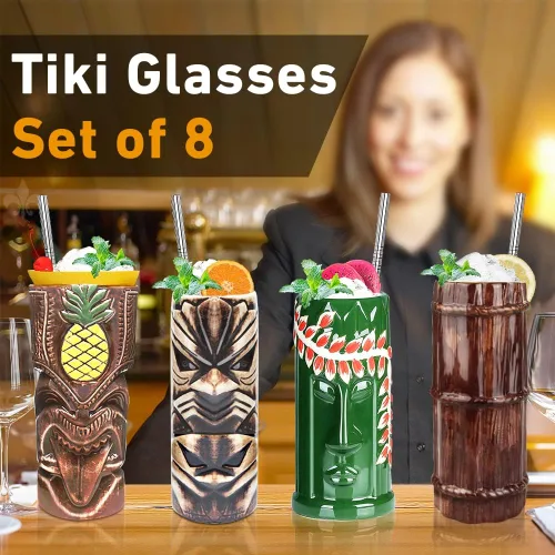 Miniatura 6 de LINALL Tiki Mugs - Juego de 8 tazas de cóctel de cerámica hawaiana Luau para fiesta, vasos de cóctel exóticos, Tiki Bar profesional hawaiano