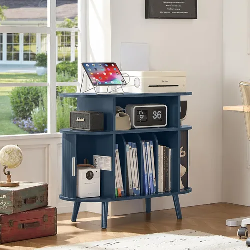 Miniatura 8 de LELELINKY Large Round Record Player Stand with Charging Station & Fluted Display Shelf, Blue Mid Century Modern Turntable Cabinet with Vinyl