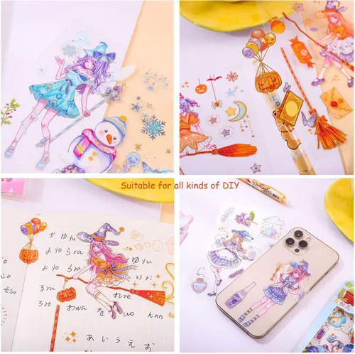 Miniatura 5 de 48 Hojas de Calcomanías de Chica de Dibujos Animados - Kawaii PET Transparente Papelería de Diario Calendario DIY Personas Mágicas Calcomanía 12