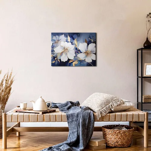 Miniatura 3 de Arte de pared abstracto de flores blancas azules y doradas, decoración de pared azul marino y dorado, marmoleado de flores silvestres