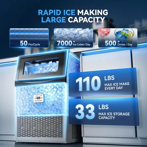 Miniatura 2 de Tehanld Máquina comercial para hacer hielo, 110 libras/24 horas con gran capacidad de almacenamiento de 33 libras, 50 cubitos de hielo/15 minutos