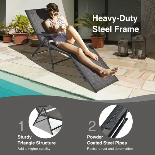 Miniatura 7 de COSTWAY 2 piezas de tumbona plegable, tela ligera y transpirable, silla reclinable de bronceado al aire libre para terraza, playa (gris)