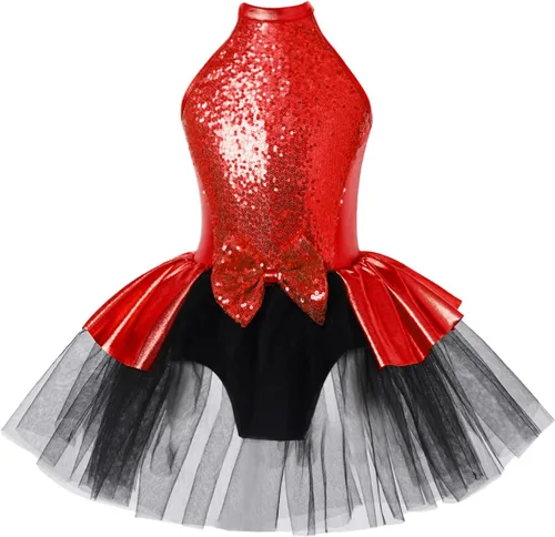 Miniatura 28 de CHICTRY Vestido tutú de ballet con lentejuelas brillantes para niñas y niñas, moderno disfraz de baile latino de jazz