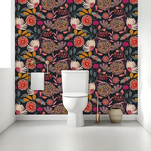 Miniatura 7 de Papel tapiz floral para despegar y pegar, extraíble, impermeable, azul marino/rosa/naranja, papel de contacto para dormitorio, baño, pared