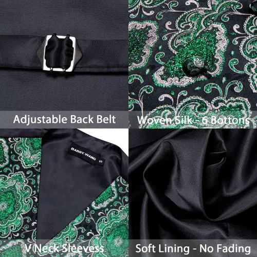 Miniatura 67 de Barry.Wang Conjunto de chaleco de pajarita para hombre, chaleco con cuello en V de seda jacquard de cachemira, gemelos de pañuelo formal/ocio, boda
