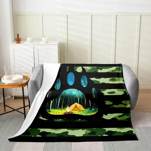Erosebridal American Flag Blanket 40x50 Army Green Camo Flannel Blanket for Bed Sofa Crib Bear Claw Hunting Theme Bedroom Decor Camoflage Camping