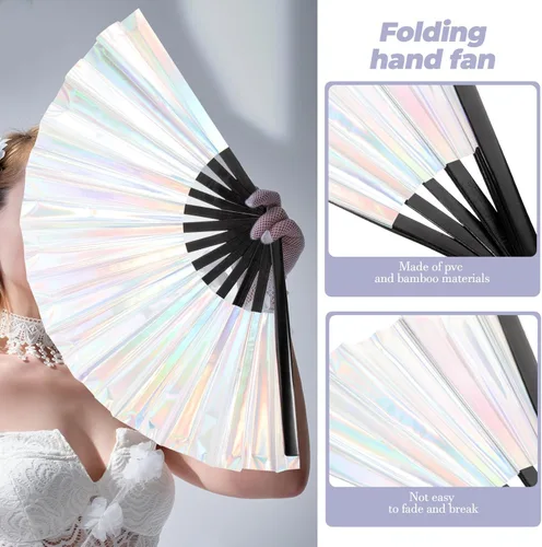 Miniatura 9 de EXCEART Abanico plegable para rave, ventilador de mano plegable holográfico chino japonés de bambú para festivales de Halloween, fiestas