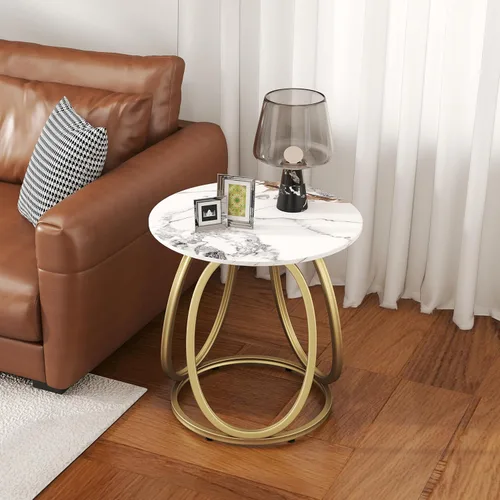 Miniatura 8 de O&K FURNITURE Mesa auxiliar dorada para sala de estar, mesa auxiliar redonda con piedra de mármol, mesita de noche con marco de metal