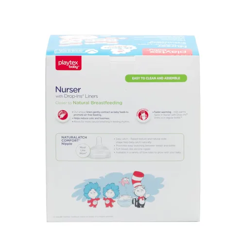 Miniatura 7 de Set de regalo Playtex Baby Dr. Seuss para recién nacidos con 5 biberones (3X 4Oz, 2X 8Oz), 2 chupetes Binky, 60 forros desechables y babero, Set