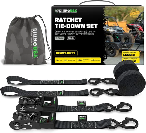 Kit de correas de trinquete de Rhino USA, con resistencia a la rotura de 5,208 lbs - Incluye amarres de trinquete resistentes con asas acolchadas y