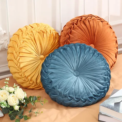 Drydiet 3 Piezas Almohadas Redondas Decorativas de Terciopelo Plisado Almohadas de 15'' de Diámetro Acento Calabaza Boho Cojín de Silla para Sofá