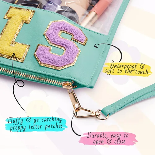 Miniatura 3 de Bolsa con letras de chenilla para viajes, A-Verde menta, Bolsa de maquillaje transparente a