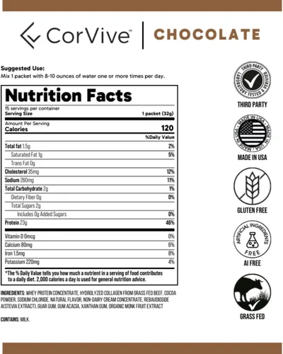 Miniatura 4 de CorVive Proteína + colágeno en polvo 0.81 oz de proteína (suero alimentado con pasto + colágeno) 0.14 oz de BCAA Apoya la salud muscular