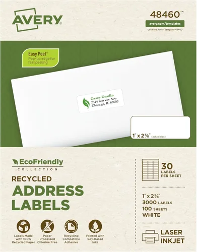 Avery Etiquetas de dirección recicladas ecológicas, 1 pulgada x 2-5/8 pulgadas, blancas, adhesivo permanente para etiquetas, 3,000 etiquetas