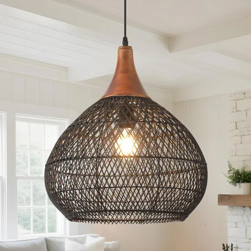 Miniatura 10 de Luces Colgantes Bohemias, Candelabro de Ratán de 1 Luz de 15.7", Luz Colgante de Mimbre Tejida a Mano con Pantalla de Jacinto de Agua, Luz Colgante
