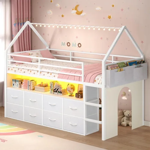 Miniatura 9 de BTHFST Cama tipo loft tamaño twin para niños, 8 cajones de almacenamiento y luces LED, cama de metal en forma de casa con estantería, escalera