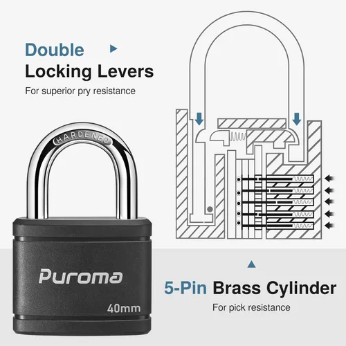 Miniatura 4 de Puroma Candado con llave con 2 llaves iguales, cerradura de casillero de 7/8 pulgadas, cerraduras de alta resistencia para puerta, cerrojo, caja