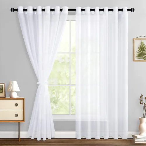 Miniatura 153 de Hiasan - Cortinas traslúcidas de gasa cortas semitransparentes con ojales y alzapaños filtrantes de luz para ventana, dormitorio, baño, 2 paneles