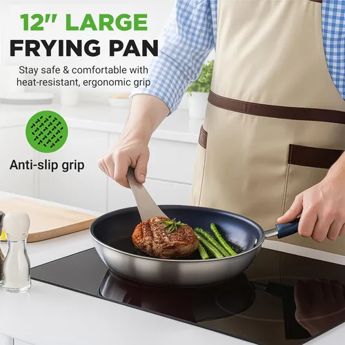 Miniatura 7 de NutriChef f Sartén grande de 12 pulgadas, sartén antiadherente grande con mango de silicona, revestimiento de cerámica, mango de silicona azul