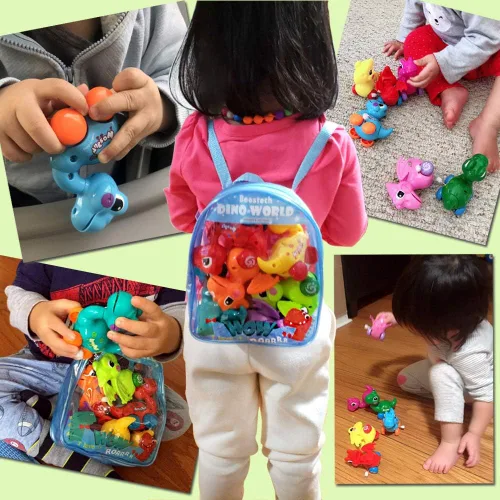 Miniatura 5 de Beestech Juguetes de dinosaurio de cuerda para niñas de 3, 4, 5, 6 años Suministros de fiesta de cumpleaños de dinosaurios, con mochila